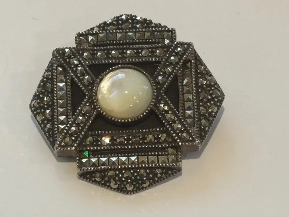 Vintage Judith Jack Art Deco Style Sterling Silver & Marcasite Brooch